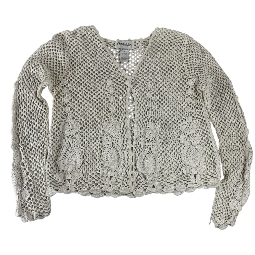 Y2K Vintage Cotton Ramie Crochet Cardigan Boho Cottagecore Romantic Coquette
